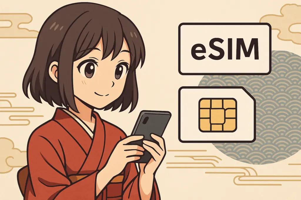 スマートフォンと着物の少女 Japanese girl holding smartphone for eSIM travel tips