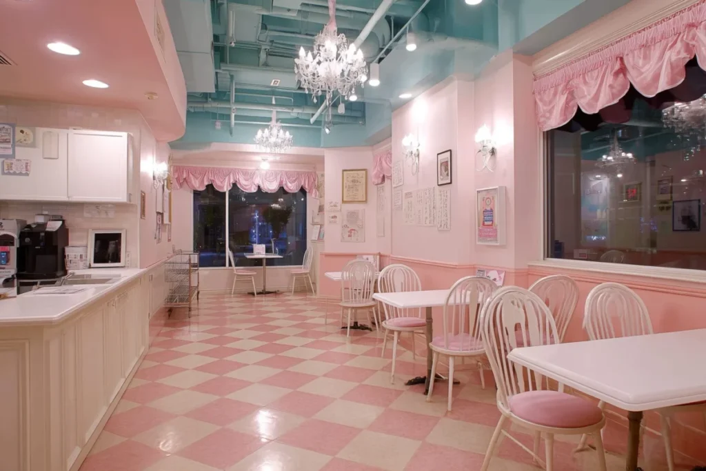 Pink themed concafe interior in Tokyo with pastel decor, tables, and chandelier lighting