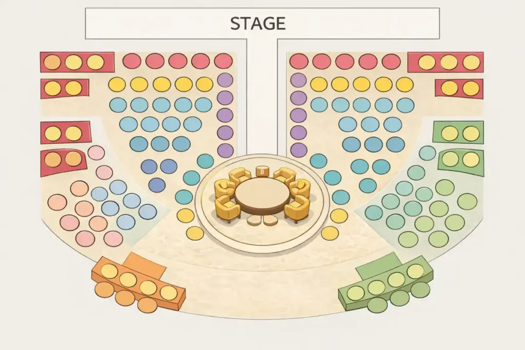 Seating layout diagram of Rokusan Angel showing different seat areas near the stage