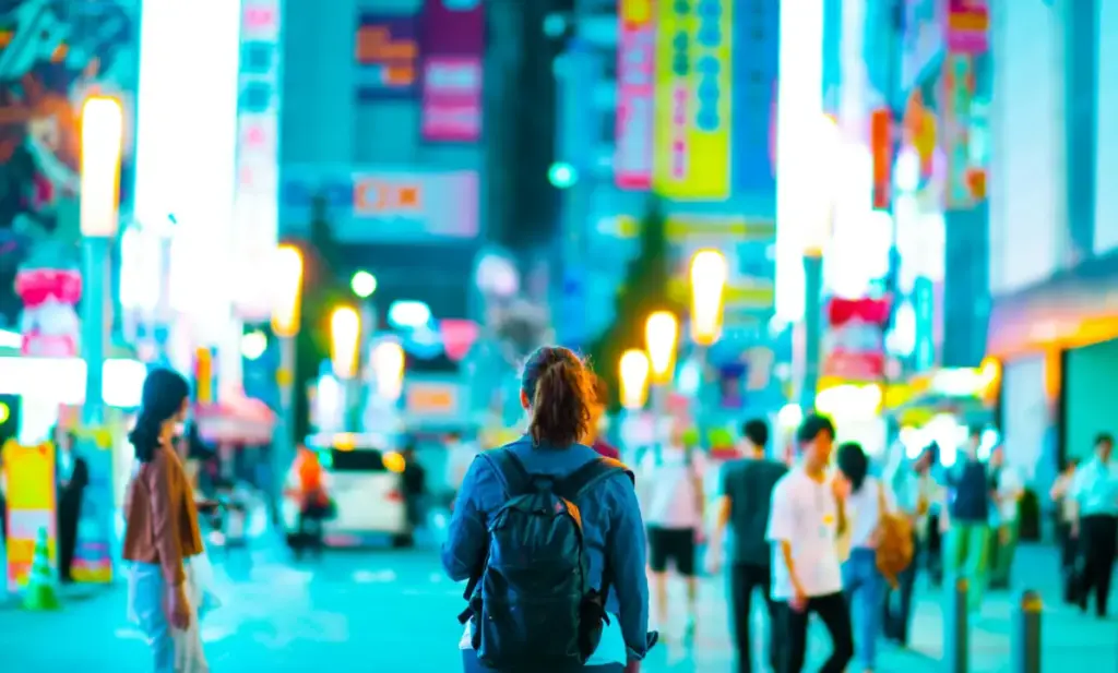 Nighttime street in Tokyo explored by foreign travelers