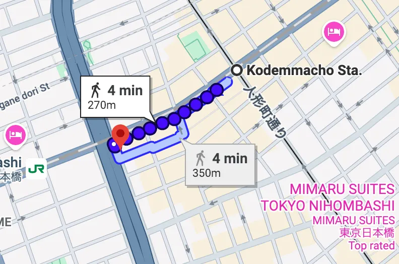 スクリーンショット 2025-12-28 19.04.52 Walking route from Kodemmacho Station (Tokyo Metro Hibiya Line) to DAWN Avatar Robot Cafe in Nihonbashi