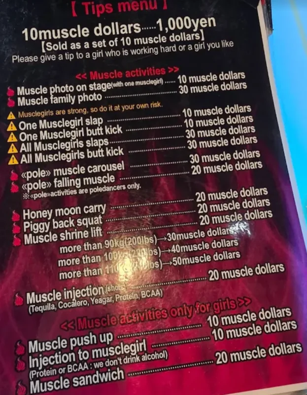 Muscle girls bar Tokyo menu showing tip system and activity prices