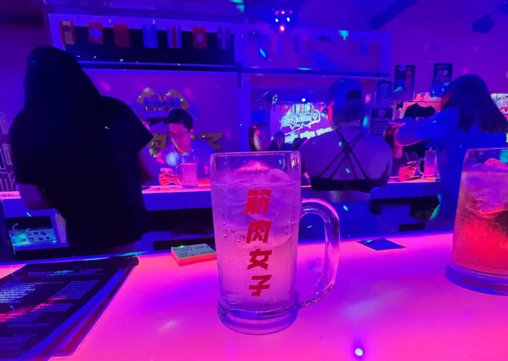 Muscle girls bar Tokyo interior with drinks and neon lighting atmosphere