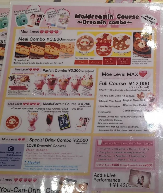 スクリーンショット 2026-01-23 22.03.59 Japanese maid cafe menu showing food and drink options with prices
