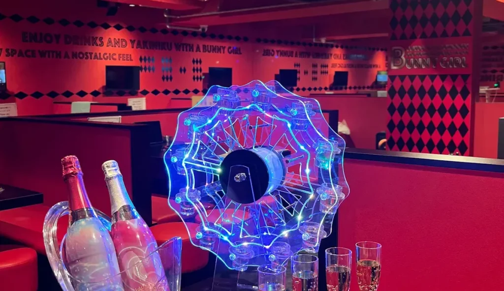 Interior of Yakiniku and Bunny Girl Tokyo featuring drinks and themed decorations