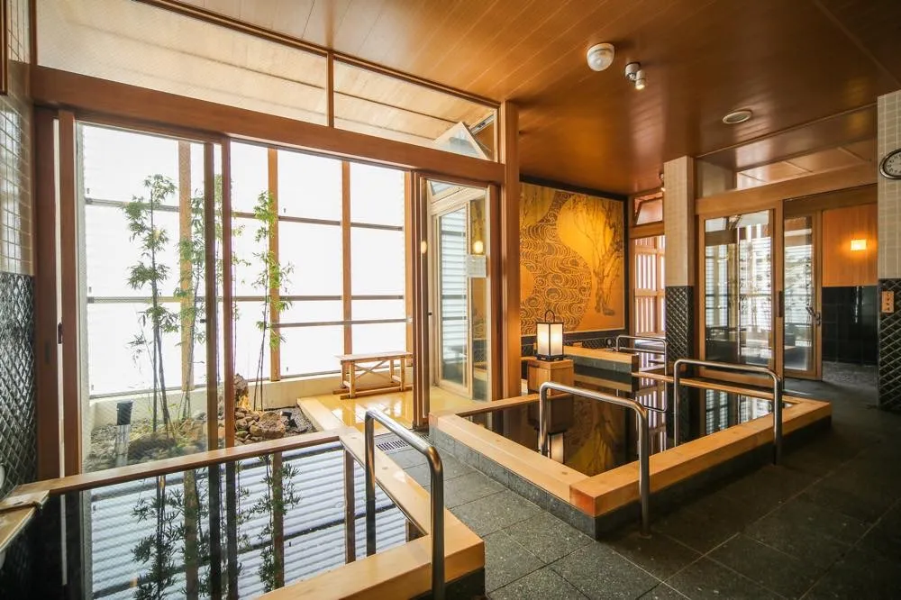 Traditional Japanese onsen interior with wooden architecture