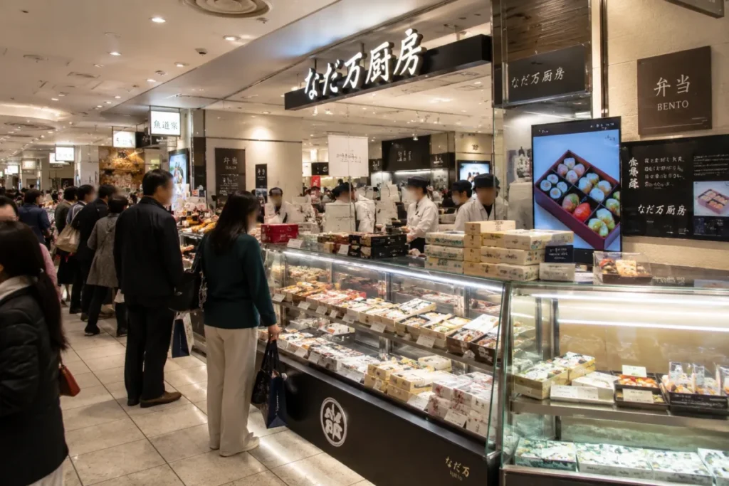 Japanese department store food basement in Tokyo with local bento and gourmet food stalls