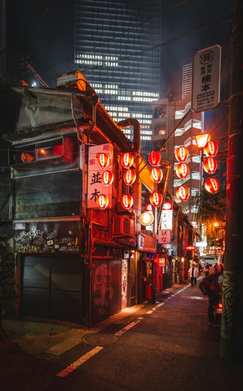 Hidden nightlife alley in Shinjuku Tokyo with lanterns, tiny izakayas, and local bars