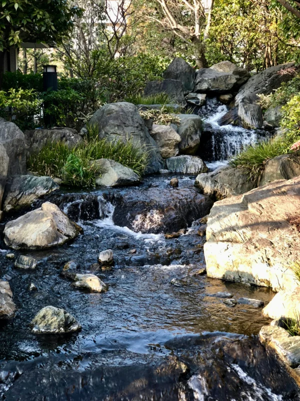 Quiet Japanese garden stream in Tokyo surrounded by rocks and greenery