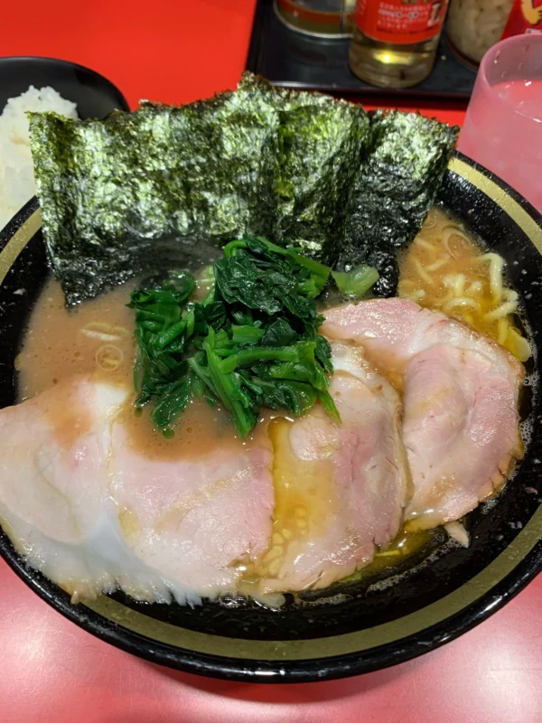 Iekei ramen with chashu, spinach, nori, and rich tonkotsu shoyu broth