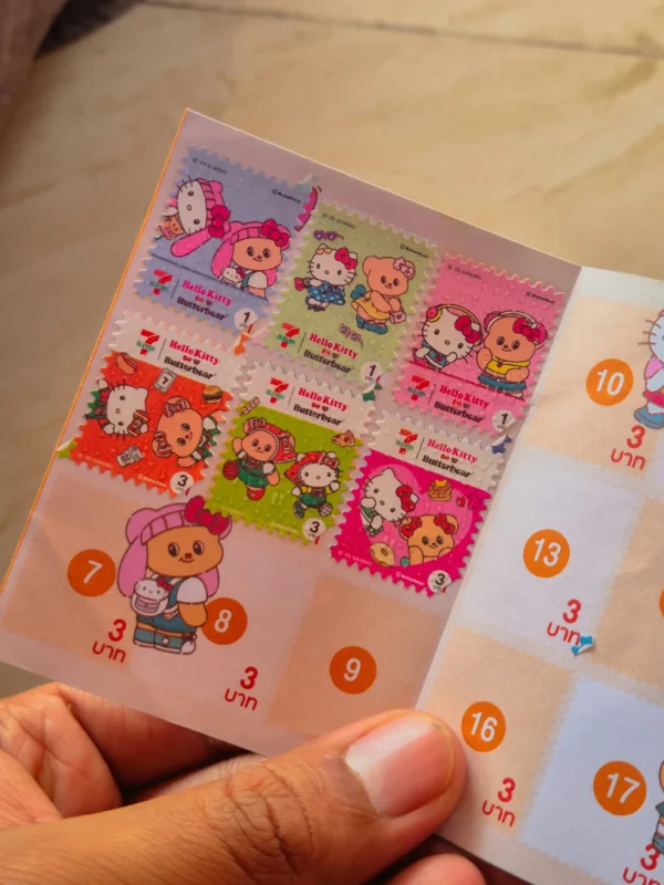 Hello Kitty character stamps on a colorful stamp sheet