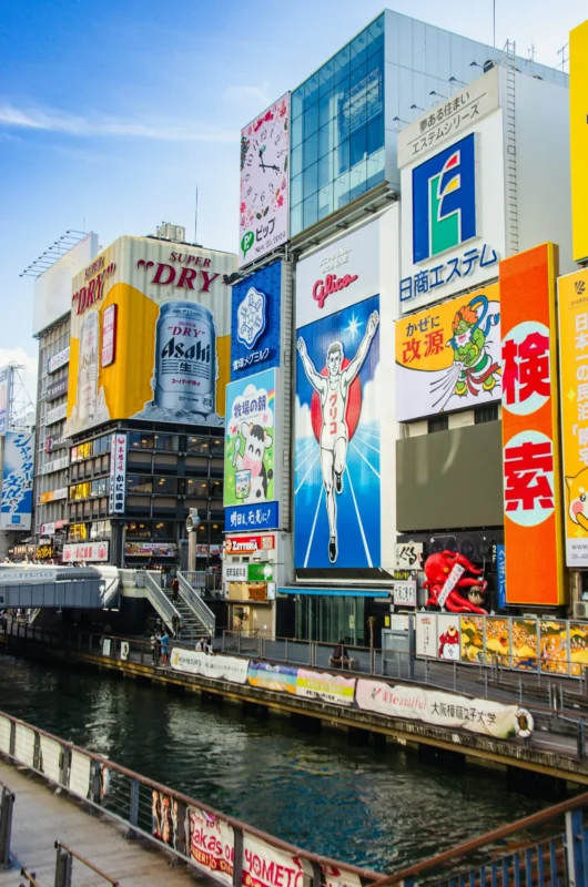 Colorful billboards along the Dotonbori canal in Osaka