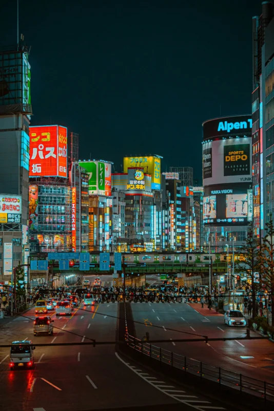 Shinjuku streets illuminated by neon signs at night