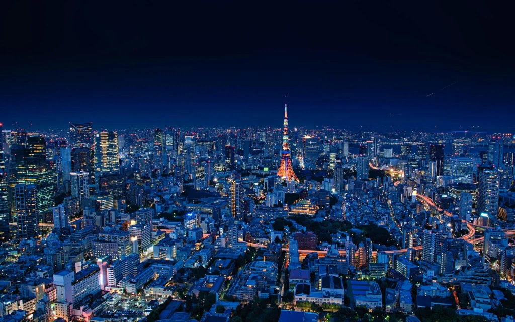 Tokyo night skyline with Tokyo Tower illuminated in the distance