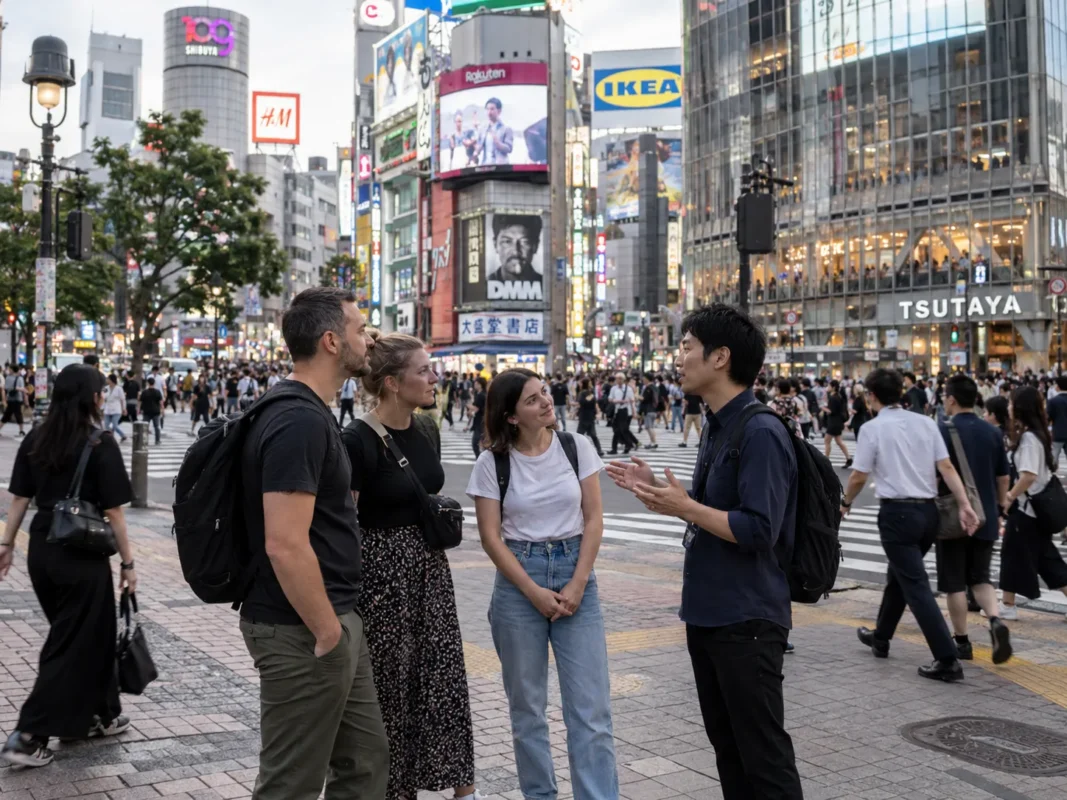 Private local guide explaining Shibuya Crossing to a small group of international tourists in Tokyo