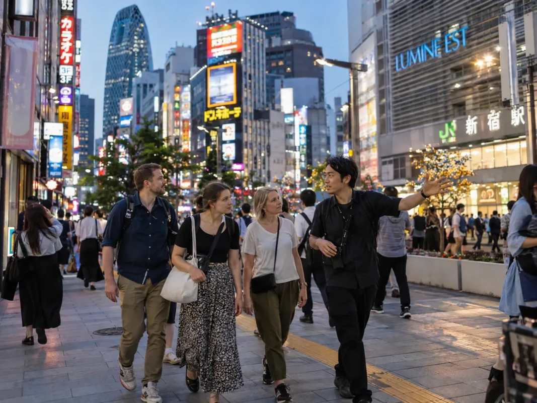 Japanese local guide introducing Shinjuku's nightlife to a small group of international travelers