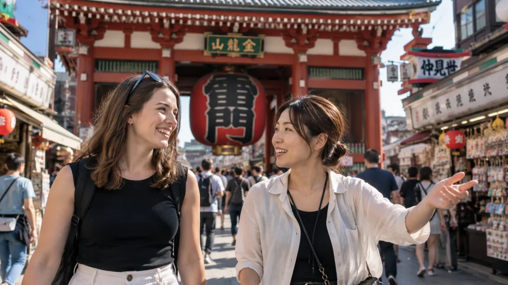 Smiles Beneath the Kaminarimon Gate Two women exploring Asakusa together near Kaminarimon Gate in Tokyo
