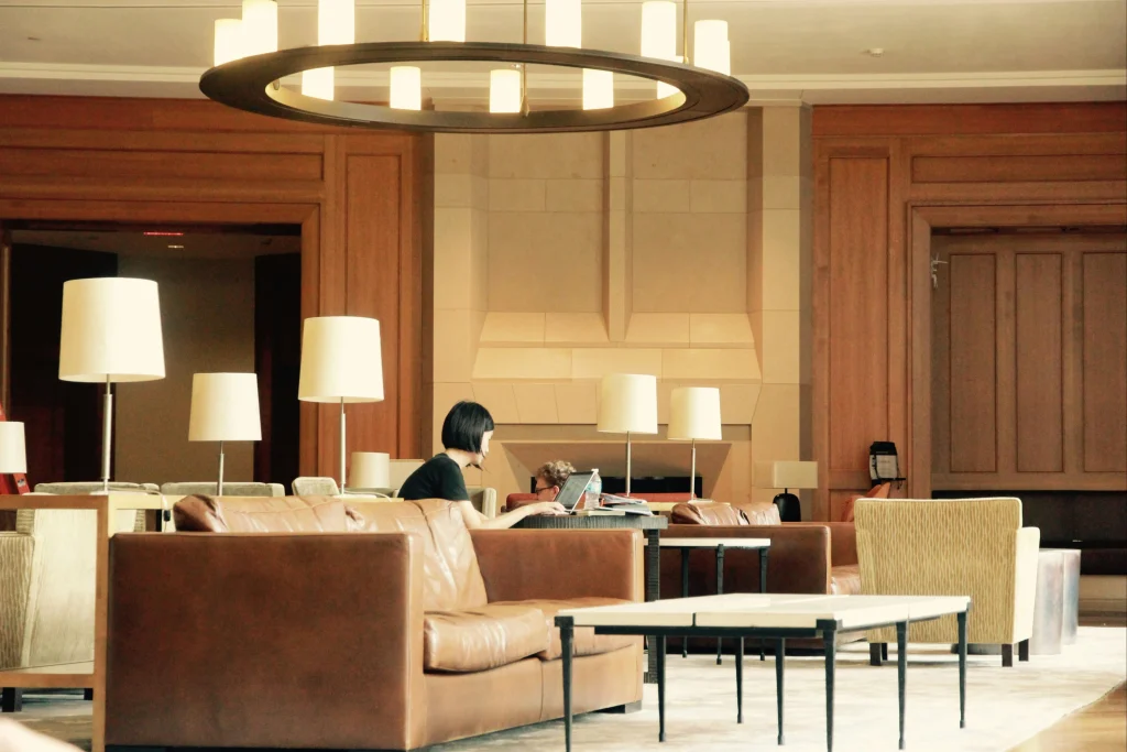 Comfortable hotel lounge with sofas and warm lighting in Japan