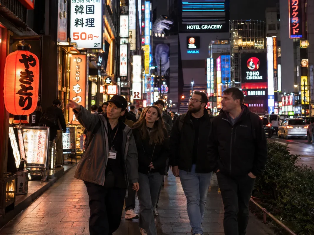 Private tour guide showing international visitors around Shinjuku's lively streets at night